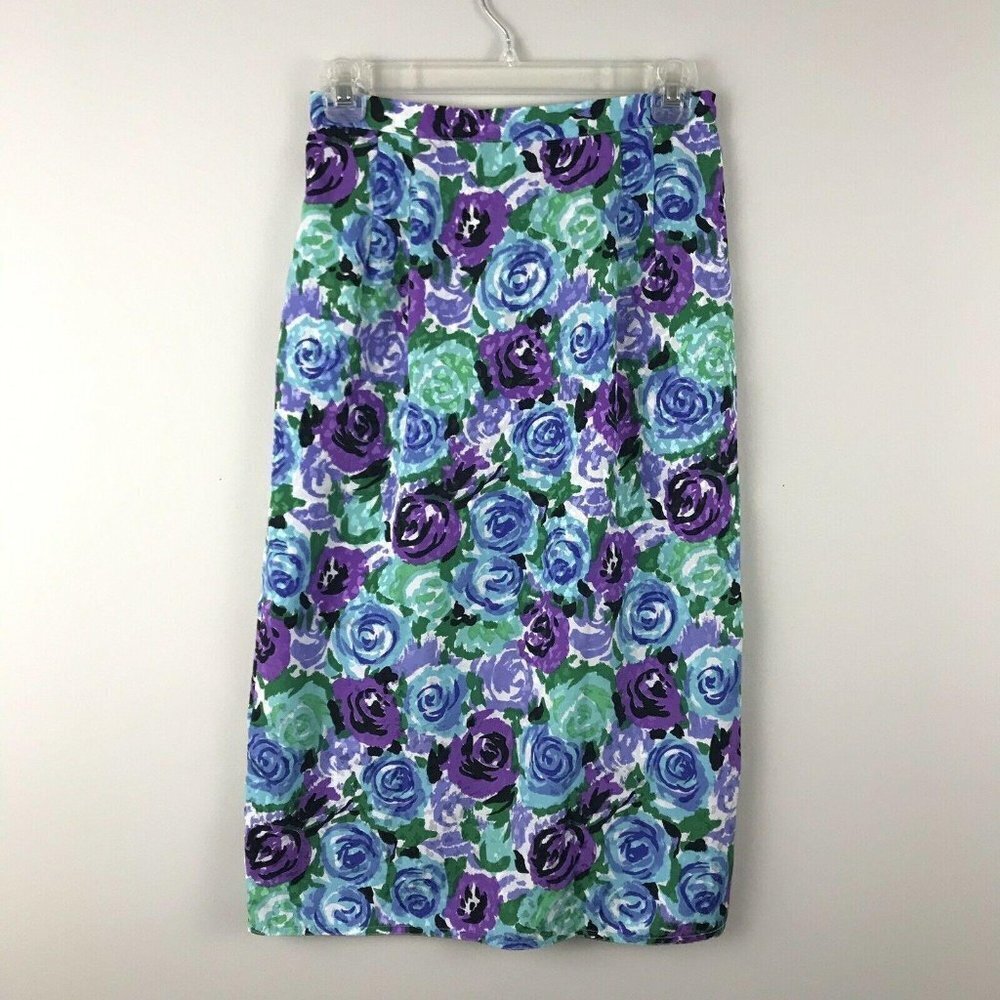 Vtg Maggy Boutique Midi Skirt Size 26‎ Peony Floral Print Blue Purple